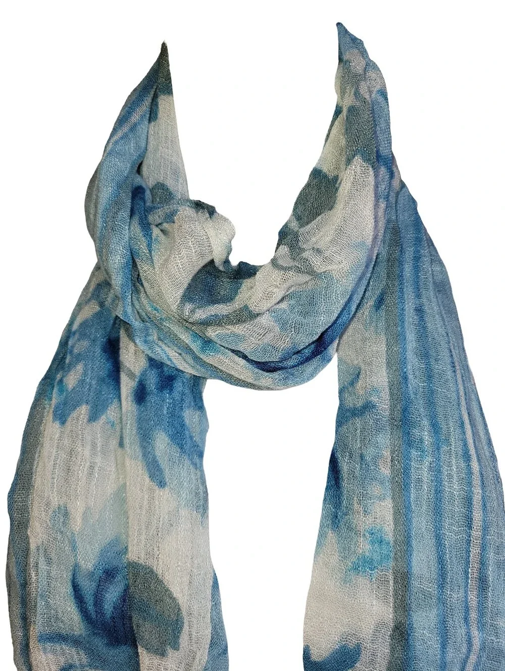 Blue Floral & Striped Lightweight Scarf Wrap Fringe Hem 22